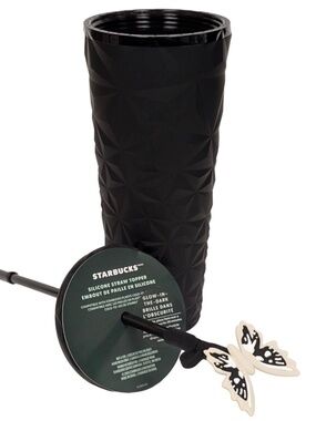 Starbucks Cup Tumbler Glow-In-The-Dark Butterfly Topper Beveled 2024, Black 20oz